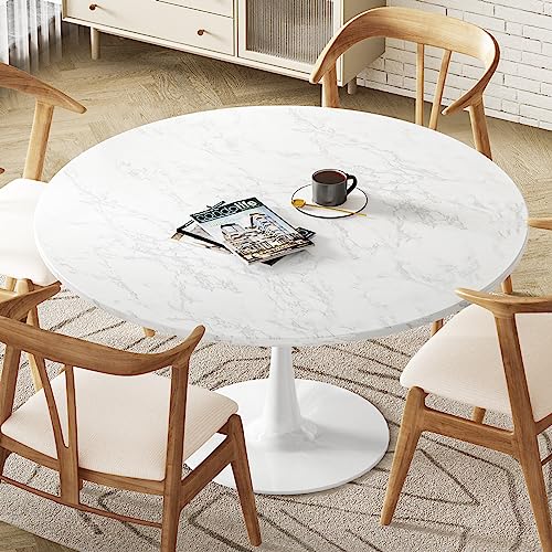 DKLGG White Marble Round Dining Table, 42.1" Tulip Kitchen Dining Table 4-6 People with MDF Top & Pedestal Base, Mid-Century End Leisure Coffee Office Living Room Table - White Marble - 42.1"