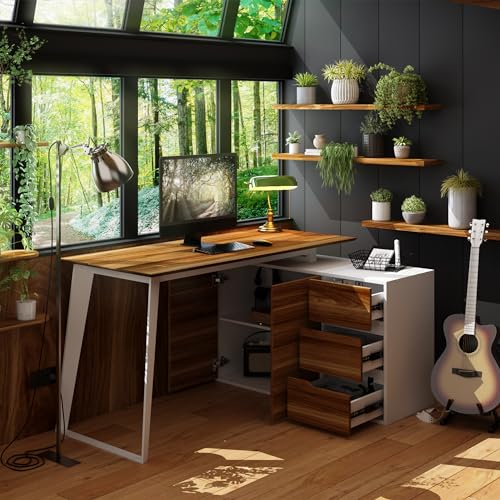 Homsee Home Office Computer Desk Corner Desk with 3 Drawers, 2 Shelves & 2 Doors, 55 Inch Large L-Shaped Study Writing Table with Storage Cabinet, White & Brown (54.3”L x 40.9”W x 29.1”H) - White & Brown