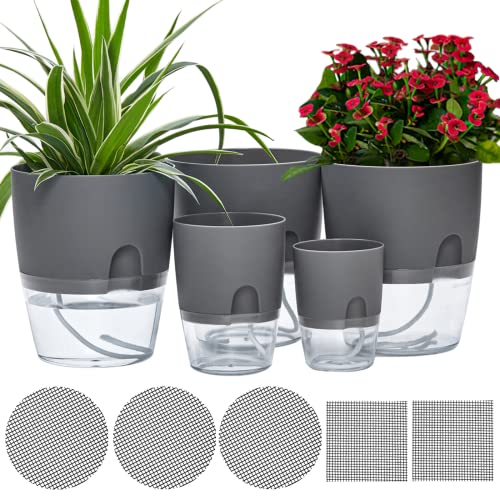 ETGLCOZY 6/4.1/3.2 Inch Self Watering Planter Pots, 5 Pack African Violet Pots for Indoor Outdoor Windowsill Gardens, Self Aerating, High Drainage, Deep Reservoir(Gray) - Gray - 6+6+6+4.1+3.2in