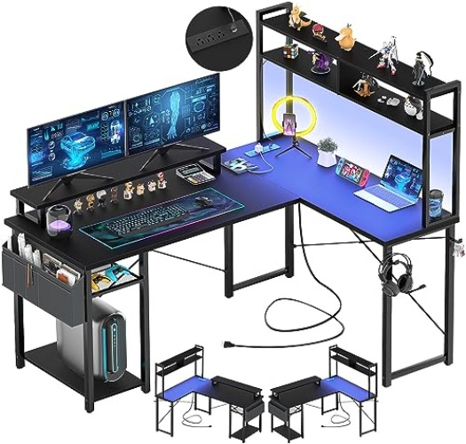 Aheaplus Small L Shaped Gaming Desk with LED Lights & Power Outlets, Reversible L-Shaped Computer Desk with Monitor Stand & Storage Shelf, Corner Desks Home Office Desk with Storage Bag, Black - Black