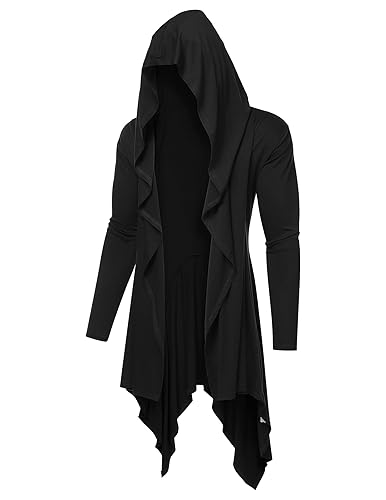 COOFANDY Long Hooded Cardigan Ruffle Shawl Collar Open Front Lightweight Drape Cape Overcoat with Pockets - Medium - Black