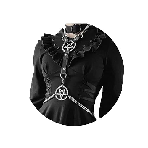 Jerany Punk Black Leather Harness Body Chain Goth Sexy Bra Pentagram Waist Chain Belts Nightclub Harness Rave Body Jewelry for Women and Girls - Chest