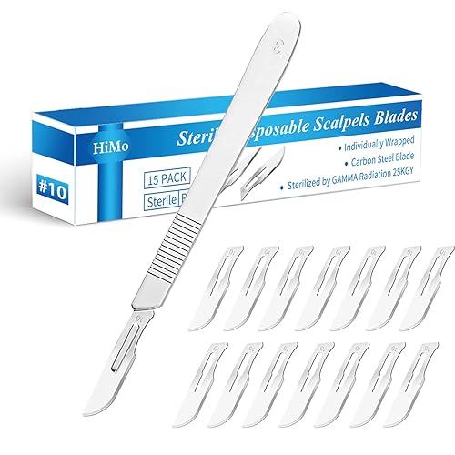15 Pack Surgical Blades #10 with Stainless Steel Scalpel Handle, High Carbon Steel Dermablade Blades Individually Wrapped Sterile for Dermaplaining, Podiatry, Crafts & More - #10