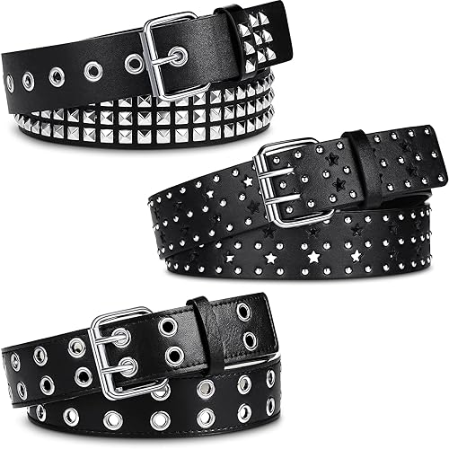 Syhood 3 Pieces Studded Belt Punk Rivet Double Grommet Belt Faux Leather Gothic Goth Black for Men Women Gift