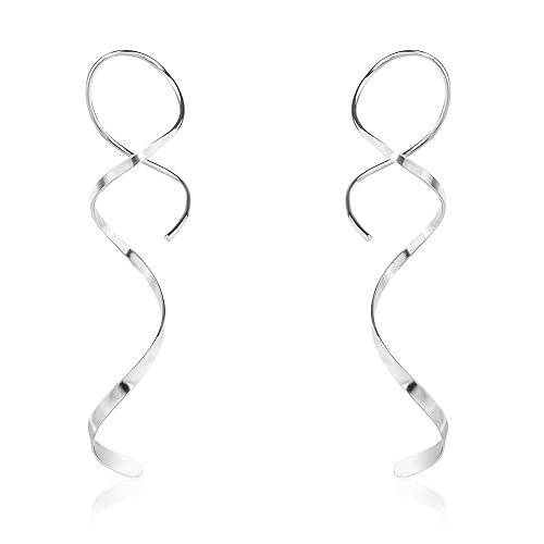 Handmade 925 Sterling Silver Spiral Threader Earrings Hypoallergenic Twisted Curved Drop Dangle Earrings Pull Through Earrings for Women Trendy Fashion-Long Silver - Long Silver