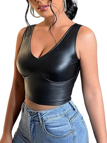 Floerns Women's PU Leather V Neck Solid Sleeveless Camisole Crop Tank Top - 3X-Large - Black