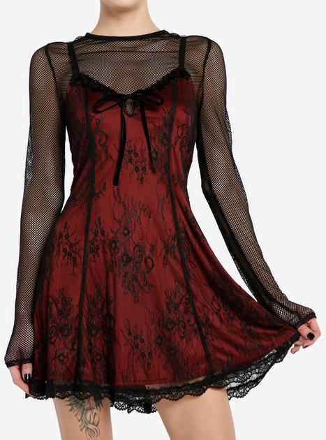 Black & Red Lace Twofer Long-Sleeve Dress | Hot Topic