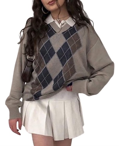 Women Argyle Plaid Sweater Pullover Long Sleeve Preppy England Style Y2K E-Girl Autumn Winter Sweater Top - Brown Medium