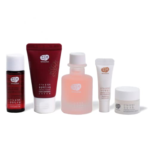 WHAMISA Korean Skincare Set - Mehrfach Ausgezeichnete Koreanische Naturkosmetik | Reinigungsschaum, Pflege-Öl, Toner, Augenserum, Pflegecreme | Extra Feuchtigkeit, Anti-Aging | K Beauty | fermentiert