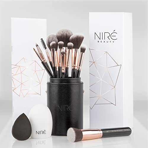 Niré Beauty Make-up-Pinselset, 15-teilig: preisgekrönte vegane Profi-Pinsel mit Etui, Niré make up schwamm, Pinselreiniger, Guide & Geschenkschachtel - Schwarz & Roségold