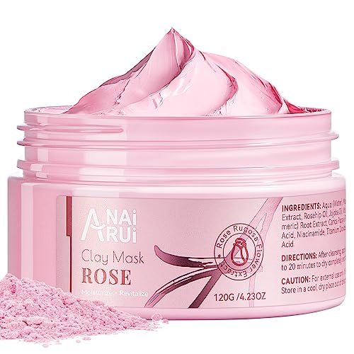 ANAiRUi Rosen Tonerde Gesichtsmaske mit rosen, Kaolin, Kollagen - Reinigt gesicht, Entgiftung und Pflegt die Haut, Reduziert Poren und Akne - Beauty Masken, Weihnachtsgeschenke 120g - Pink