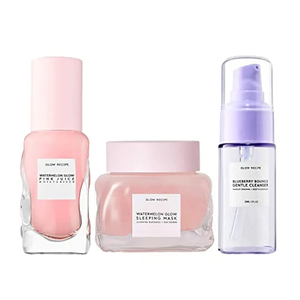 Glow Recipe Mini Starter Skin Care Kit - Watermelon Glow Sleep Mask, Watermelon Glow Pink Juice Moisturizer + Blueberry Bounce Gentle Cleanser - 3-Piece Regimen Kit for Face + Body