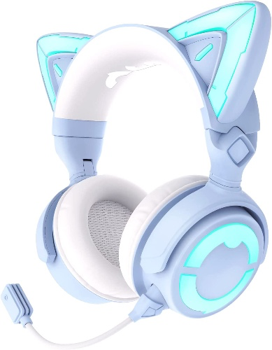 YOWU RGB Cat Ear Headphone 4, Upgraded Wireless & Wired Gaming Headset with Attachable HD Microphone -Active Noise Reduction, Dual-Channel Stereo & Customizable Lighting and Effect via APP (Blue) - Blue