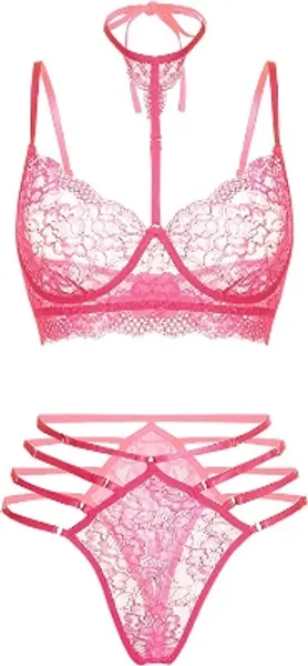 Amazon.com: GEESENSS Women Lace Lingerie Set with Choker Teddy Babydoll Strappy Bra and Panty Set Hot Pink XXL: Clothing, Shoes & Jewelry