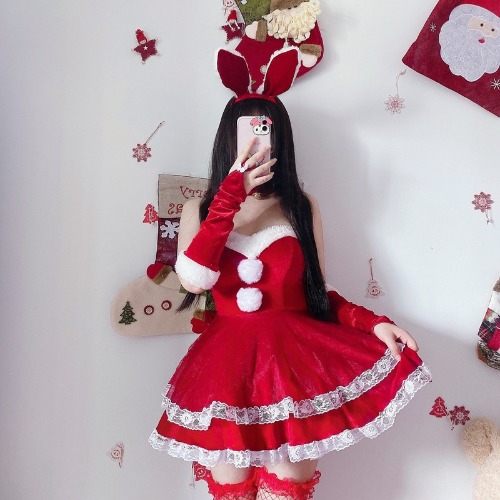 Luxurious Set of Santa Bunny Dresses - Red / L