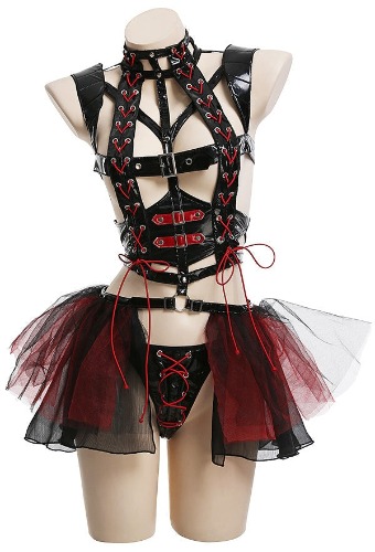 Black & Red Latex Harness Tutu Lingerie Set - L