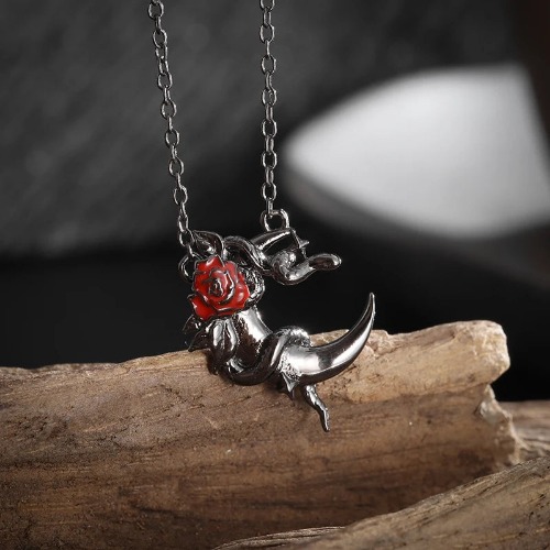 Dark Night Gothic Rose Moon Pendant - Silver