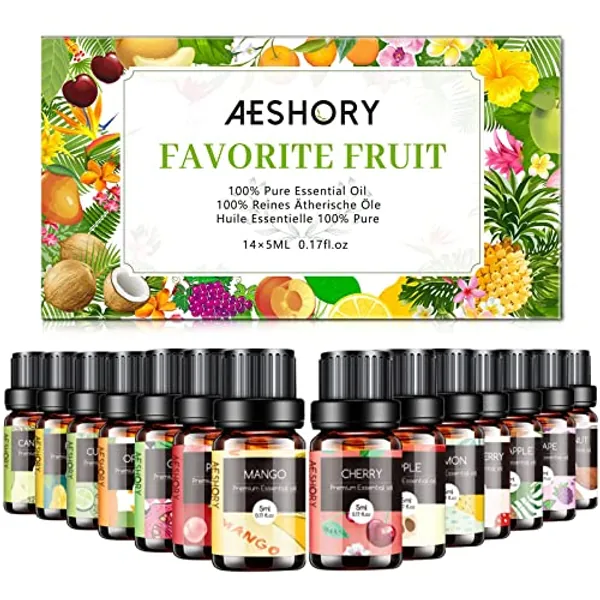 Fruity Essential Oils Set - TOP 14 Fragrance Oil for Diffusers, Candle Making includes Strawberry, Apple, Pineapple, Cucumber Melon, Cherry, Mango, Lemon, and Orange Scented Aromatherapy Oils (5ml) - Fruits - 0.17 Fl Oz (Pack of 14)