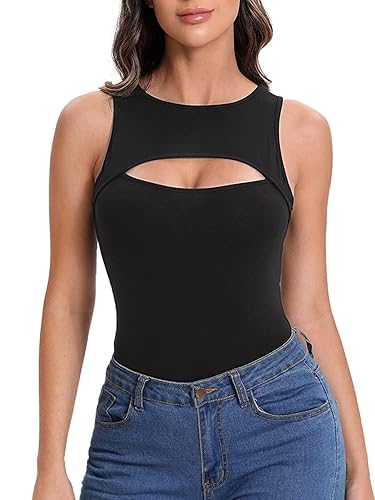 Verdusa Women's Casual Cut Out Sleeveless Round Neck Slim Fitted Tank Top Black M