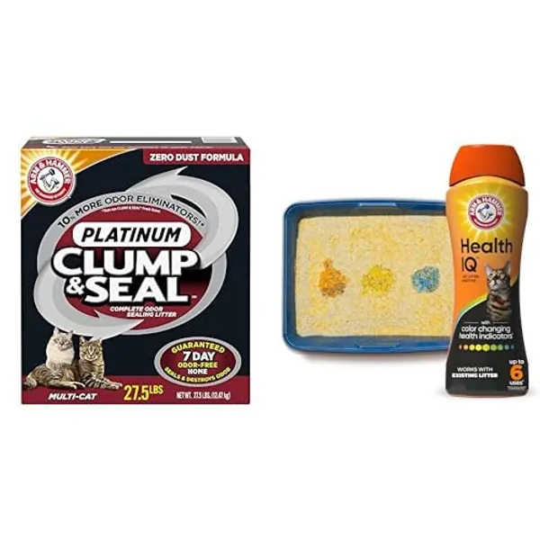 Bundle of ARM & HAMMER Clump & Seal Platinum Clumping Cat Litter, Multi-Cat, 27.5lb + ARM & HAMMER Health IQ Cat Litter Additive, with Color Changing Health Indicators, Works with Most Litter, 10 oz