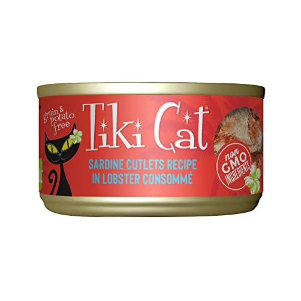 Tiki Cat Grill, Sardine Cutlets in Lobster Consommé, High-Protein and 100% Non-GMO Ingredients, Wet Whole Foods Cat Food for All Life Stages, 2.8 oz. Cans (Pack of 12)
