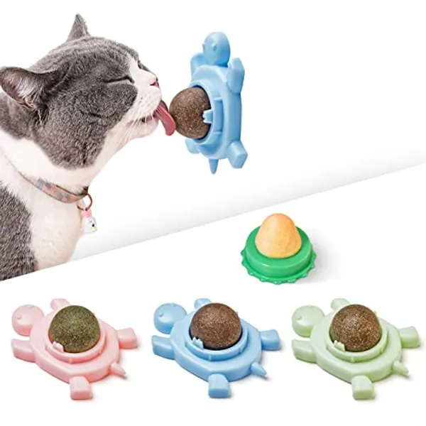 Potaroma Catnip Toys Balls 4 Pcs Tortoise, Extra Cat Energy Ball, Edible Kitten Silvervine Toys for Cats Lick, Healthy Kitty Teeth Cleaning Dental Chew Toys, Cat Wall Treats