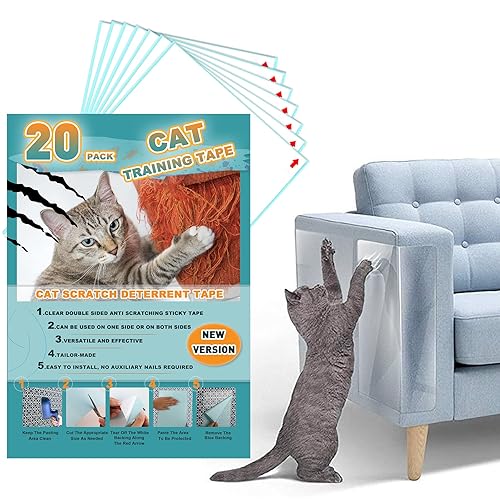 20pack Cat Scratch Deterrent Tape, Cat Scratch Furniture Protector, Clear Double Sided Anti Scratching Sticky Tape Couch Protector for Cats, Cat Training Tape, Cat Repellent for Furniture, Cat Tape