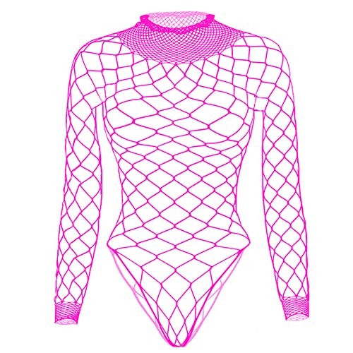 Tosmifairy Fishnet Bodysuit Top for Women Stretch One Piece Long Sleeve Mesh Rave Romper Body Suit - Rose Red