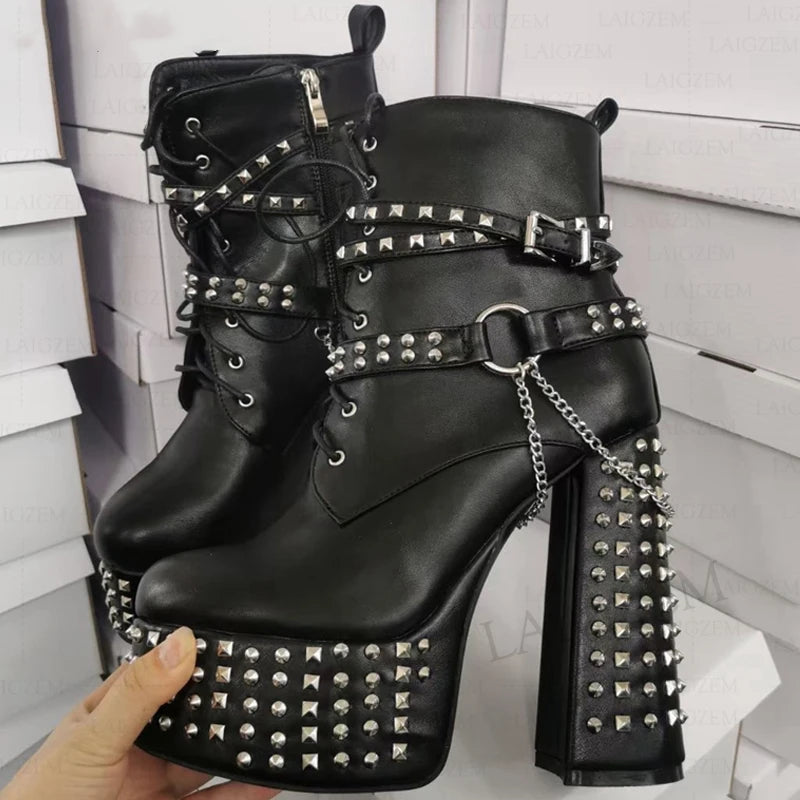 Stud & Chain Moto Boots - 7.5