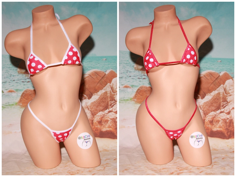 Pink with White Polka Dots with White or Magenta Trim Micro Coverage Top Y Back Thong Bottom Bikini Set
