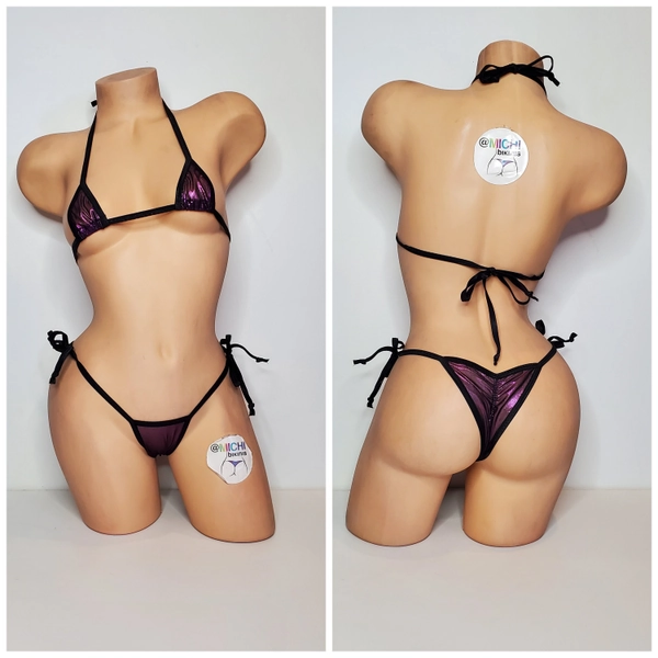 Black w/ Purple Shimmer Mesh ***VERY SHEER*** with Black Trim Micro Coverage Top Scrunch Butt Bottom 2 Piece String Bikini Set One Size