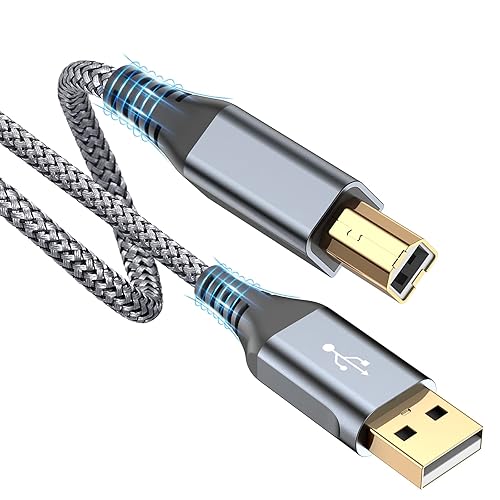 Printer Cable 10ft, USB 2.0 USB-A to USB-B Midi Cable High Speed Nylon Braided Cord for HP Canon Brother Dell Epson More Printers, Digital Piano, Midi Keyboard DJ Controller, USB Microphone, Mixer - 10ft - grey