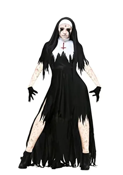 Adult Dreadful Nun Costume Women's, Undead Sister Mary Catherine Costume, Black Scary Exorcist Halloween Outfit