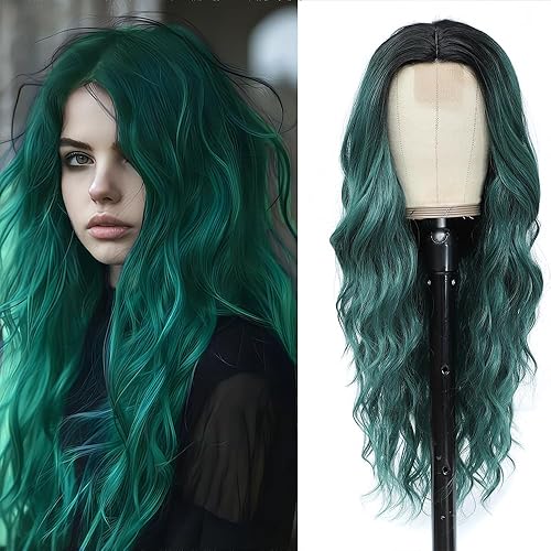Long Green Wig for Women 26Inch Wavy Curly Ombre Green Hair Wigs Synthetic Hair Replacement Wig Heat Resistant Hair Wig for Daily Party Use(26'' green) - Ombre Green
