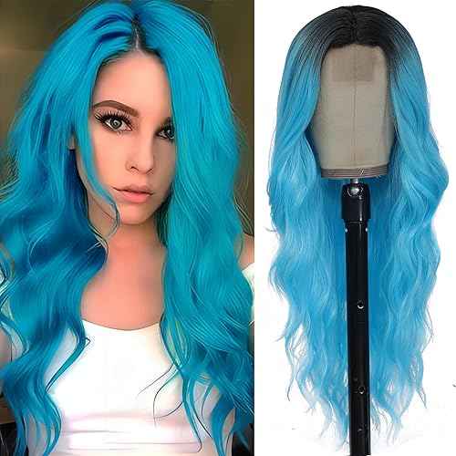 Long Blue Wig for Women 26Inch Wavy Curly Ombre Blue Hair Wigs Synthetic Hair Replacement Wig Heat Resistant Hair Wig for Daily Party Use(26'' blue) - Ombre Blue