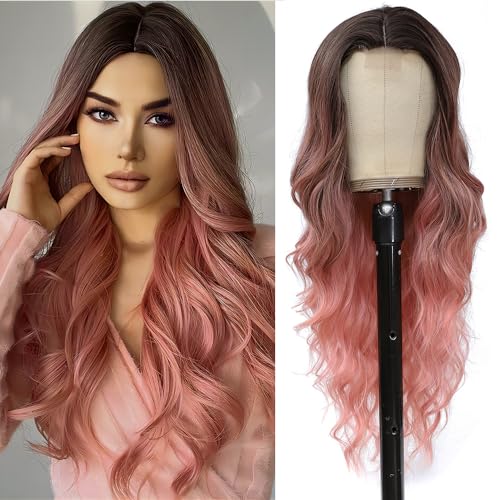 HMHIFI Long Pink Wig for Women 26Inch Wavy Curly Balayage Ombre Pink Wigs Synthetic Hair Replacement Wig Heat Resistant Hair Wig for Daily Party Use(26'' Balayage Pink) - 26'' - Ombre Pink Balayage