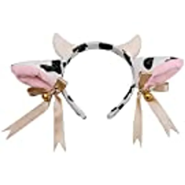 Cow Ears and Horns Headband Bow Ribbon Bells Headwear Elastic Hair Hoop For Party Animal Cosplay Costume