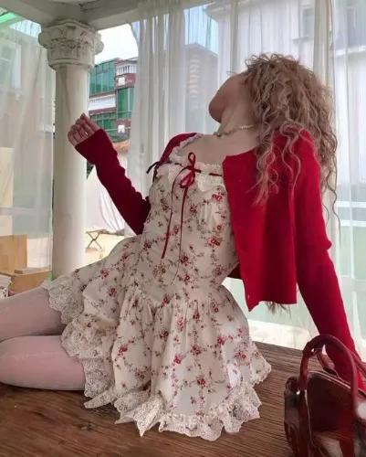 Floral summer dress and red cardigan set💌