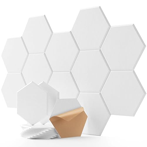 Sound Proofing Panels, Hexagon Acoustic Panels Self-Adhesive 12 Pack Acoustic Wall Panels, High Density Sound Panels for Ceiling/Door/Wall Decoration, Acoustic Treatment 12"×10"×0.4" - 12 Pack Hexagon - White