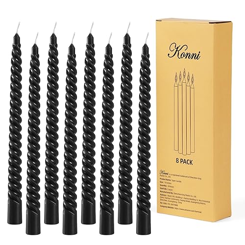 KONNI 0.87×10 Inch Black Spiral Taper Candle, Unscented and Smokeless Tall Candlesticks, 8 Pack Twisted Candles with Cotton Wicks, Long Burning, Ideal for Weddings, Dinner Parties, and Home Décor - Black