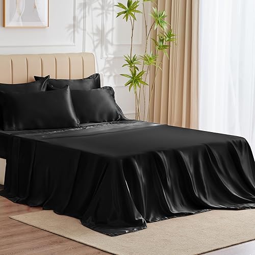 CozyLux Satin Sheets Queen Size - 6 Piece Black Bed Sheet Set with Silky Microfiber, 1 Deep Pocket Fitted Sheet, 1 Flat Sheet, and 4 Pillowcases - Smooth and Soft - Black - Queen(6Pc)