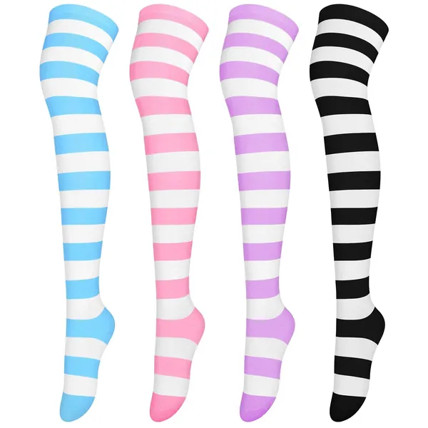 Aneco 4 Pairs Over Knee High Stripe Socks Stripe Thigh High Socks Cosplay Accessories for Woman Girls - Set a 4 Pairs