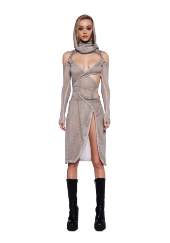 Fader Hooded Wrap Midi Dress- Ecru | OFF WHITE / Medium