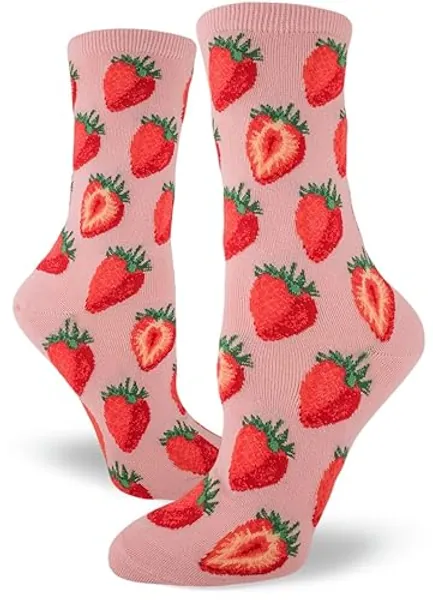 ModSocks Women's Crew Fruit Socks - 6-10 - Sweet Strawberries Crew Socks in Petal Pink