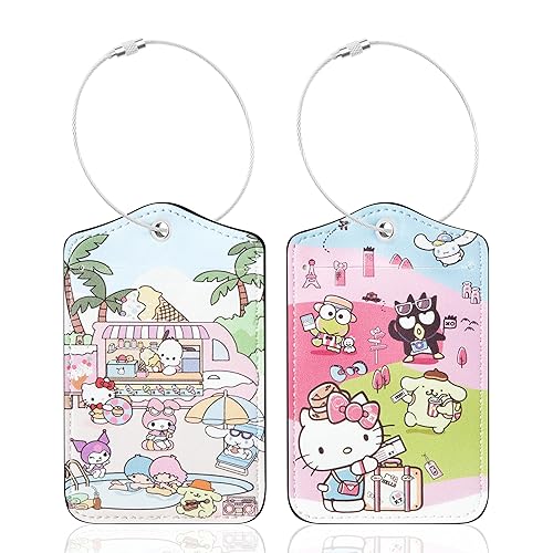 2 Packs Kawaii Cartoon Anime Luggage Tags for Suitcases Cute Characters PU Leather Name ID Labels with Privacy Flap Stainless Steel Loop Travel Cruise Essentials Gifts for Kids Girls Women Baggage Bag