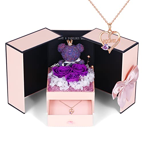 Mama Geschenk Ewige echte Rose mit Mama Halskette Geschenk Konservierte Lila Rose Mama Kette Geschenk Mutter Muttertagsgeschenk zum Jubiläum, Geburtstag, Thanksgiving, Weihnachten - Lila Bär Ewige Rose + Mama Halskette
