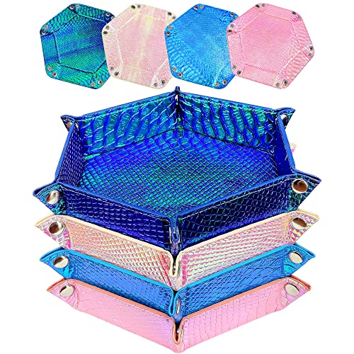 SIQUK 4 Pieces Dice Tray Hexagon Dice Rolling Holder Folding PU Leather Dice Trays for Dice Games Like RPG, DND and Other Table Games(Sky Blue, Pink, Deep Blue, Light Pink) - Sky Blue, Pink, Deep Blue, Light Pink(graduated)