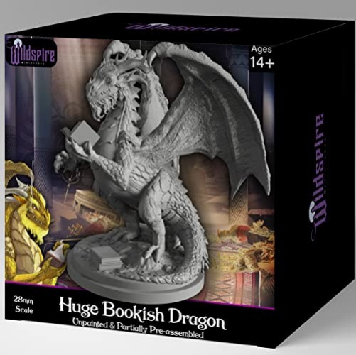 Wildspire Fantasy Bookish Dragon Miniature - Huge Size 6" for DND Miniatures 28mm Bulk D&D Dungeons and Dragons Miniatures I for DND Minis Tabletop Miniatures & DND Figures I with Character Sheets