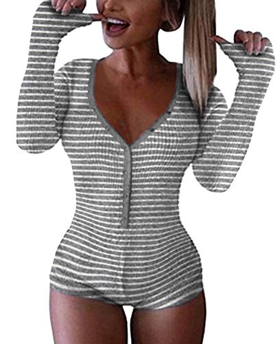 Women's Deep V Long Sleeve Knitted Bodysuit - (Medium) (Gray Stripe)