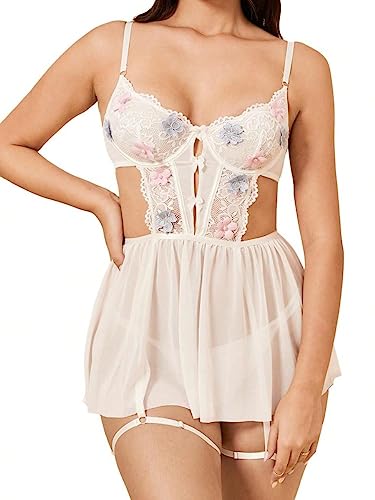Women's Floral Embroidery Mesh Lingerie Slip Dress (Medium)